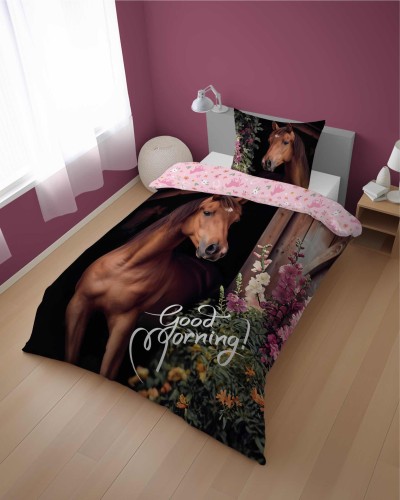 komplet pościeli bawełnianej 140x200+70x80 konik brązowy