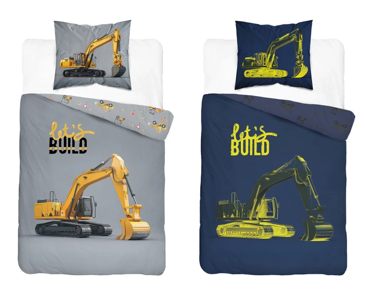 komplet pościeli bawełnianej 140x200+70x80 koparka na budowie FLUO