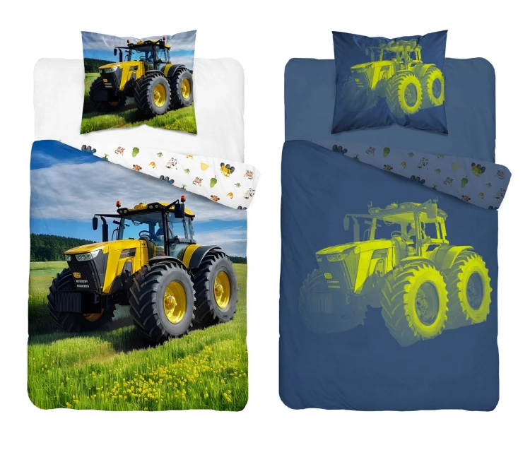 komplet pościeli bawełnianej 160x200+70x80 traktor na trawie FLUO