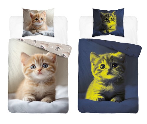 komplet pościeli bawełnianej 140x200+70x80 kotek kot FLUO