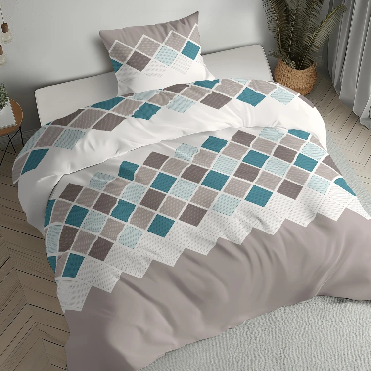 komplet pościeli 140x200 flanelowej turkusowe kwadraty wzór