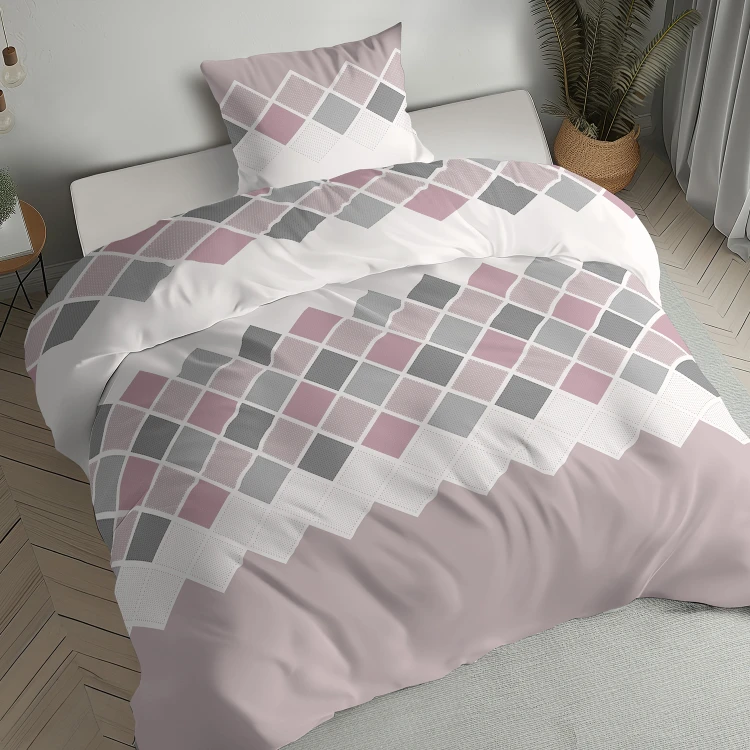 komplet pościeli 140x200 flanelowej różowe kwadraty wzór