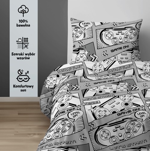 pościel młodzieżowa bawełniana szara gra game