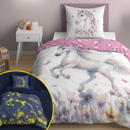 komplet pościeli bawełnianej 160x200+70x80 jednorożec FLUO
