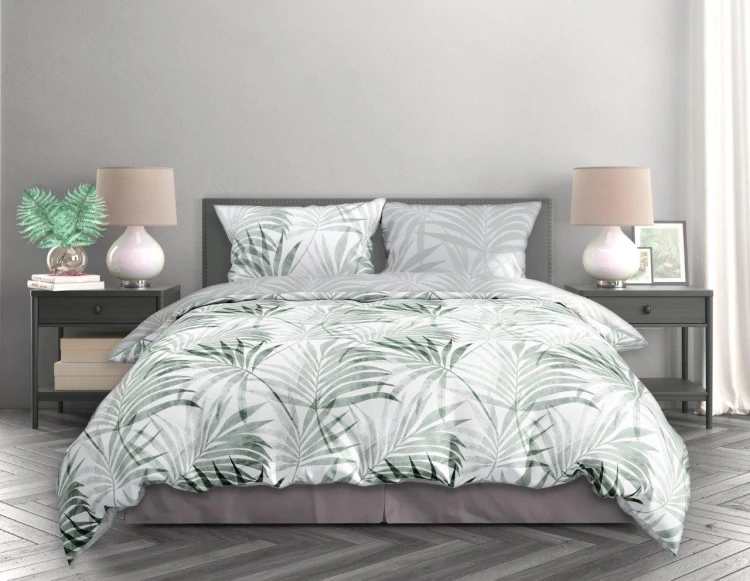 komplet pościeli boho sypialnia zielone liście palmy