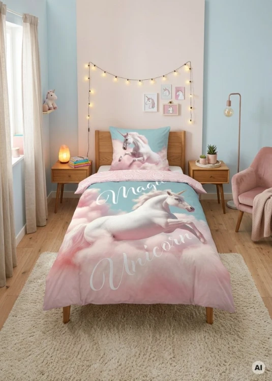 pościel dziewczęca 160x200 do pokoju konik magiczny unicorn jednorożec aranżacja